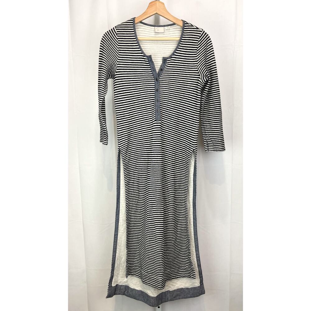 POSTMARK Anthropologie Size XS Striped Henley Tunic Side Slit Midi Navy White